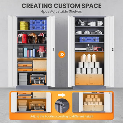 Metal Garage Storage Cabinets with Lock, 72" Tall Tool Cabinet with 2 Door and 4 Adjustable Shelves, Locking Garage Cabinets and Lockable Steel Locker for Home Office Warehouse-(Gray White-72”H)