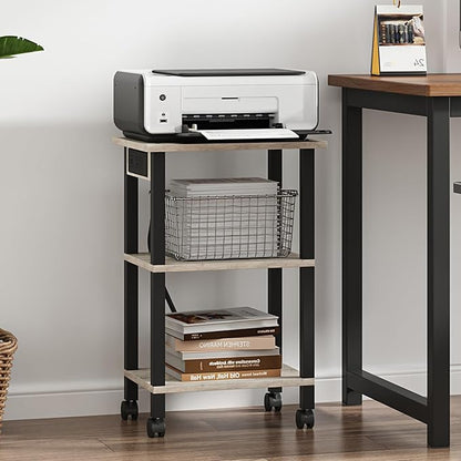 TUTOTAK 3 Tier Printer Stand, Rolling Printer Cart with Power Outlets and USB Ports, Mobile Printer Table with Wheels, for Under Desk, Office, Home, Greige PS02BG001