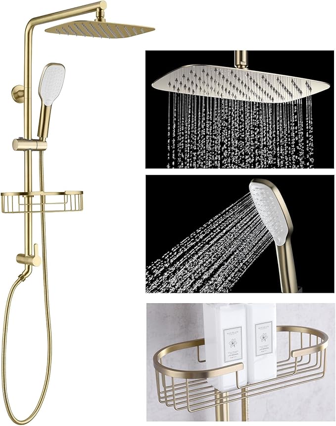 SonTiy Rain Shower Head with Handheld Spray and Shower Shelf Caddy, 12Inch High Pressure rainfall Showerheads and Hand Shower Combo with Height Adjustable Holder Shower Head System, Brushed Gold