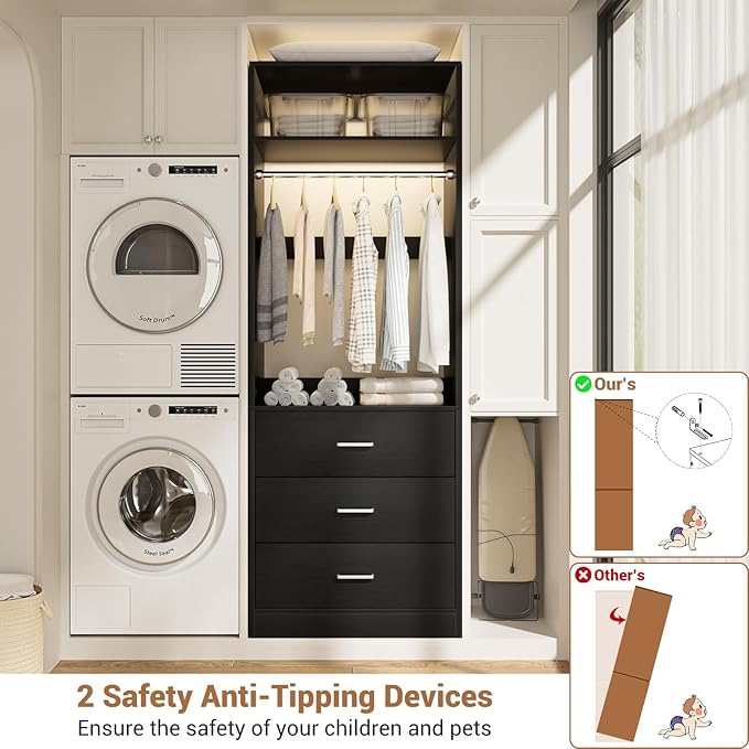 Closet System Set of 4, 8FT Closet Systems with 12 Wood Drawers, 96" Closet Organizer System with 4 Hanging Rods & 4 Shelves, Heavy Duty 96 Inch Walk-in Closet, Black (96"L x 15" W x 80" H)