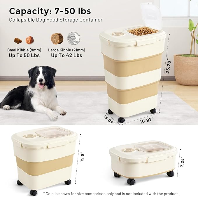 40-50lbs Dog Food Storage Container, Large Capacity Collapsible Airtight Pet Food Storage Containers with Rolling Wheels, Transparent Lid, Scoop and Date Track, Khaki