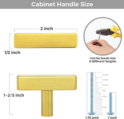 10 Pack Gold Cabinet Knobs - Sqaure Bar Cabinet Pulls Brushed Brass Knobs for Kitchen Cabinet Drawer Stainless Steel Dresser Knobs for Cabinet Hardware 2in Length Single Hole