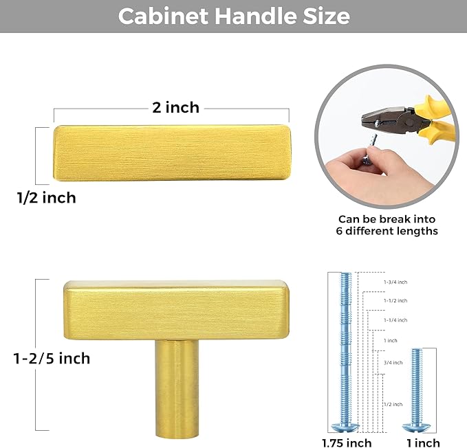 5 Pack Gold Cabinet Knobs - Sqaure Bar Cabinet Pulls Brushed Brass Knobs for Kitchen Drawer Stainless Steel Dresser Pulls for Kitchen Hardware 2in Length Single Hole