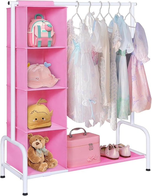 Univivi Kids Clothing Rack with Hanging Organizer, Short Toddler Dress Up Storage Rack for Hanging Clothes, Kids Wardrobe Closet for Baby Clothes, Dance Costumes, Pink/White
