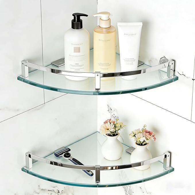 Bathroom Shelves, Glass Shelf Wall Mounted Glass Corner Shower Shelf for Bathroom with 304 Stainless Steel Rail (2 Packs)
