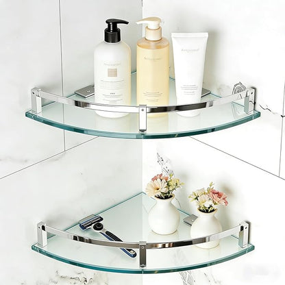 Bathroom Shelves, Glass Shelf Wall Mounted Glass Corner Shower Shelf for Bathroom with 304 Stainless Steel Rail (2 Packs)