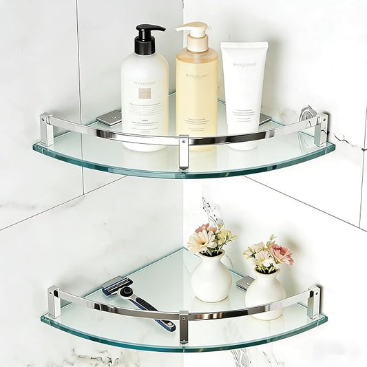 Bathroom Shelves, Glass Shelf Wall Mounted Glass Corner Shower Shelf for Bathroom with 304 Stainless Steel Rail (2 Packs)