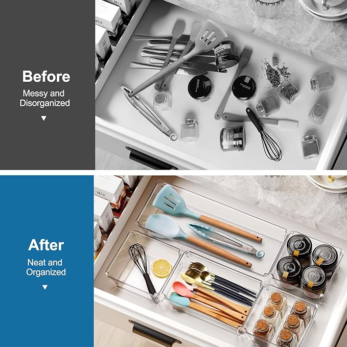 9 PCS Clear Plastic Drawer Organizer Sets, 3 Sizes Vanity Organizer Trays Stackable Storage Bins for Kitchen, Cabinet, Bathroom, Office, Laundry Room Organizing
