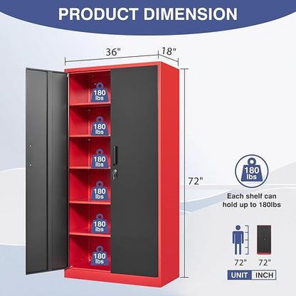 Metal Garage Storage Cabinet with Lock,72 Inch Tall Cabinet with 2 Doors and 5 Adjustable Shelves,Steel Storage Cabinets for Garage,Home Office,Pantry,School(Red & Black)