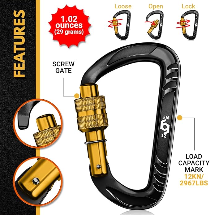 12kN (2697 lbs) Heavy Duty Carabiner Clips, for Securing Pets, Outdoor, Camping, Hiking, Hammock, Dog Leash Harness, Keychains