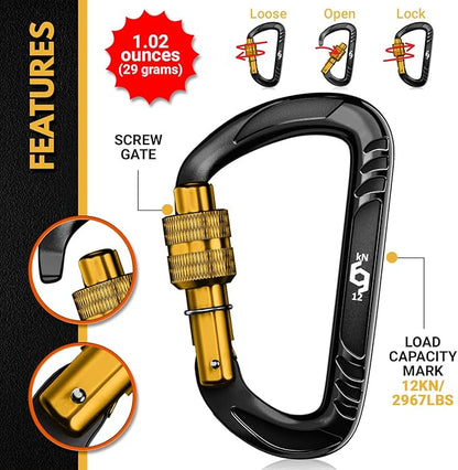 12kN (2697 lbs) Heavy Duty Carabiner Clips, for Securing Pets, Outdoor, Camping, Hiking, Hammock, Dog Leash Harness, Keychains