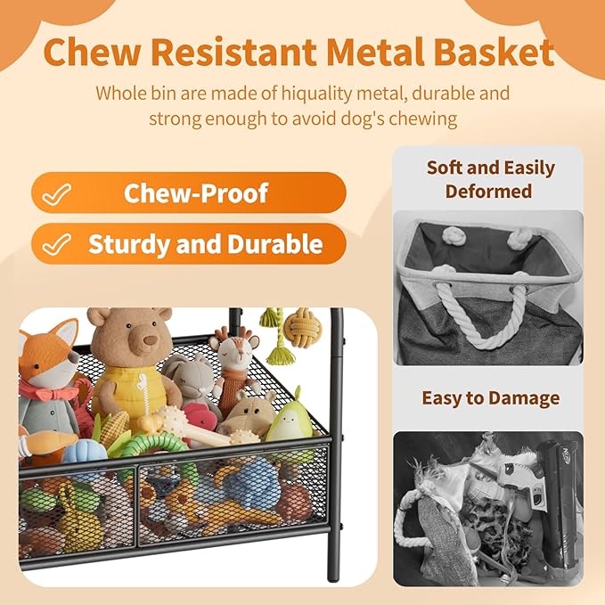 Full Metal Dog Toy Basket, 23.6"x11.2"x7.9" Large Dogs Toy Bin with Storage Organizer, Chew-Resistant Toy Box for Dog Stuff Accessories, Pet Toy Storage Holder for Cat Dogs Essential Supplies