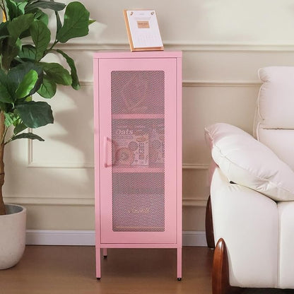 Slim Metal Storage Cabinet with Mesh Doors - 42'' Tall Narrow Organizer Tower, Compact Freestanding Cabinet, Versatile Utility Storage for Home, Office, Bedroom, or Kitchen, Durable and Modern Design