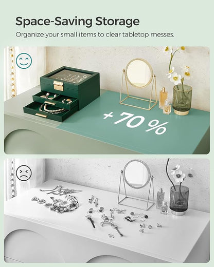 SONGMICS GISELLA Collection - Jewelry Box Organizer, 3-Layer Jewelry Storage with 2 Drawers, Shiny Metal Hardware, Glass Lid, Modern, 8 x 9.1 x 5.3 Inches, Forest Green and Gold Color UJBC239C01