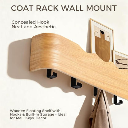 Wall Coat Rack Floating Shelves Modern Coat Rack Wall Mount with Storage Entryway Shelf Wooden Hanger 20 Inch 4 Hidden Metal Hooks for Living Room Bedroom (Wavy Oak, 5 Hooks)