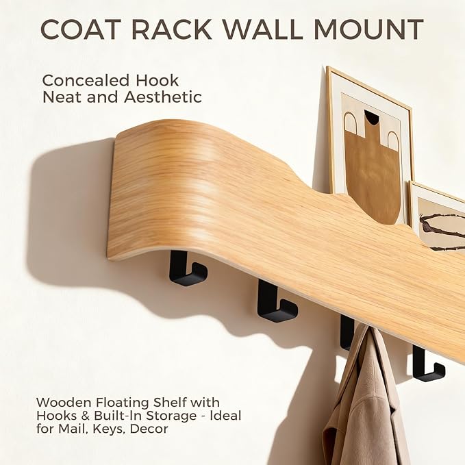 Wall Coat Rack Floating Shelves Modern Coat Rack Wall Mount with Storage Entryway Shelf Wooden Hanger 20 Inch 4 Hidden Metal Hooks for Living Room Bedroom (Wavy Oak, 8 Hooks)