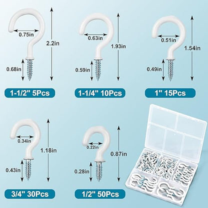 110Pcs Premium Screw Hooks, 5 Sizes White Vinyl Coated Cup Hook, from1/2 in Small Hooks to 1-1/2 in Ceiling Hooks Heavy Duty, Screw in Hooks for Hanging Plants, String Lights