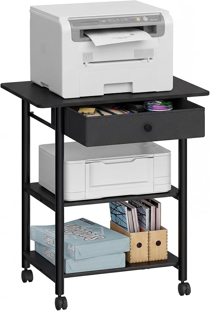 VASAGLE Printer Stand, Rolling Printer Cart, Under Desk Table, Mobile with Lockable Wheels, Steel Frame, for Home Office, 2 Storage Shelves Removable Drawer, 3-Tier, Ebony Black UOPS007BE01S