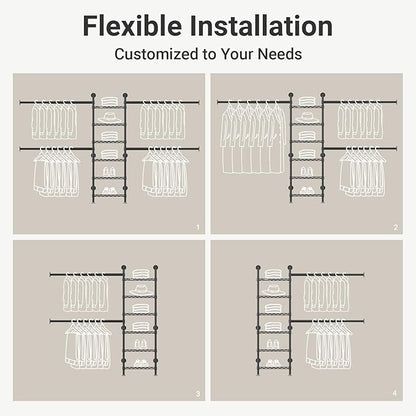 Timate S3X Medium Expandable Wall Mounted Clothes Rack with 6 Adjustable Shelves & 4 Expandable Hanger Rods, Heavy Duty Industrial Pipe Clothing Rack for Hanging Clothes, Fits Spaces 5'3"- 8', Black