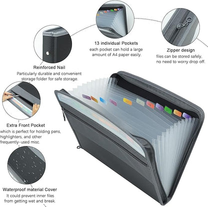 NAFY Expanding File Folder, 13 Pockets Document Organizer with Zipper, A4 Letter Size Portable Accordion Expanding File Folders with 27pcs Multicolor Labels for Home Office School Supplies (Black)
