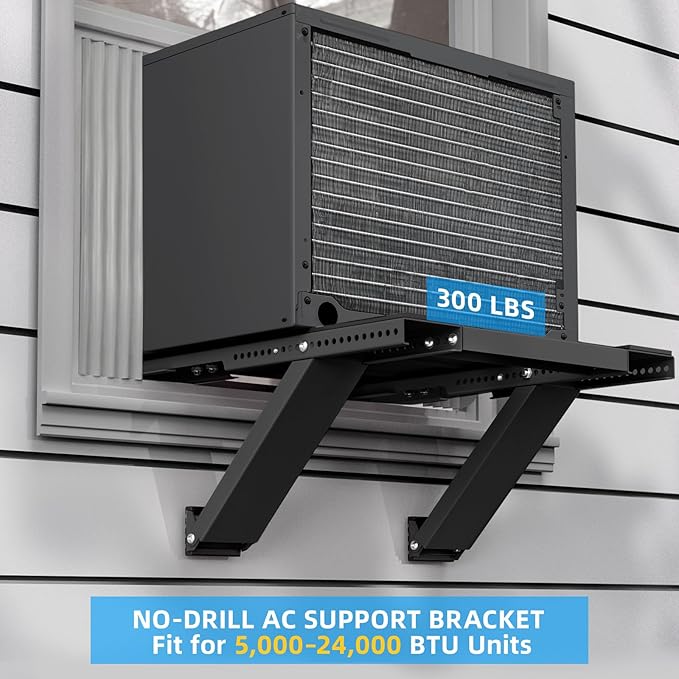Window AC Support Bracket, No-Drill No-Tool Air Conditioner Support Bracket Adjustable Wall Mount, Heavy Duty Steel Holds Up to 300lbs, Fits Single Or Double Hung Windows, Black