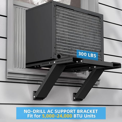 Window AC Support Bracket, No-Drill No-Tool Air Conditioner Support Bracket Adjustable Wall Mount, Heavy Duty Steel Holds Up to 300lbs, Fits Single Or Double Hung Windows, Black