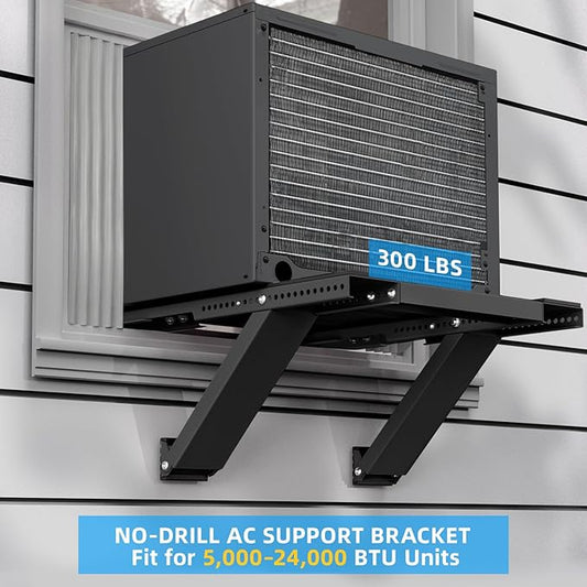 Window AC Support Bracket, No-Drill No-Tool Air Conditioner Support Bracket Adjustable Wall Mount, Heavy Duty Steel Holds Up to 300lbs, Fits Single Or Double Hung Windows, Black