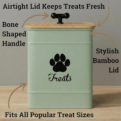 Dog Treat Container Airtight - 6 Inch Wide x 8 Inch Tall Iron Dog Treat Jar for Kitchen Counter with Airtight Bamboo Lid - 12 Cup Capacity Pet Treat Container - Doggie Cookie Jar - Big Treats Canister