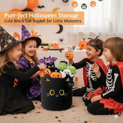 Kids Laundry Basket & Toy Storage Organizer | Large Black Cat Woven Cotton Rope Bin for Stuffed Plushies | Animal face Hamper with Cutout Handles for Nursery, Playroom & Kid’s Bedroom (Black Cat)