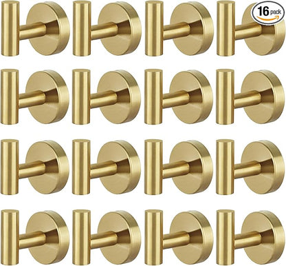 16pcs Gold BathTowel Hooks Robe Coat Bathroom Wall Hook Stainless Steel Heavy Duty Door Hanger Towel Robe Clothes Cabinet Closet Sponges for Bathroom Bedroom Kitchen Hotel Pool