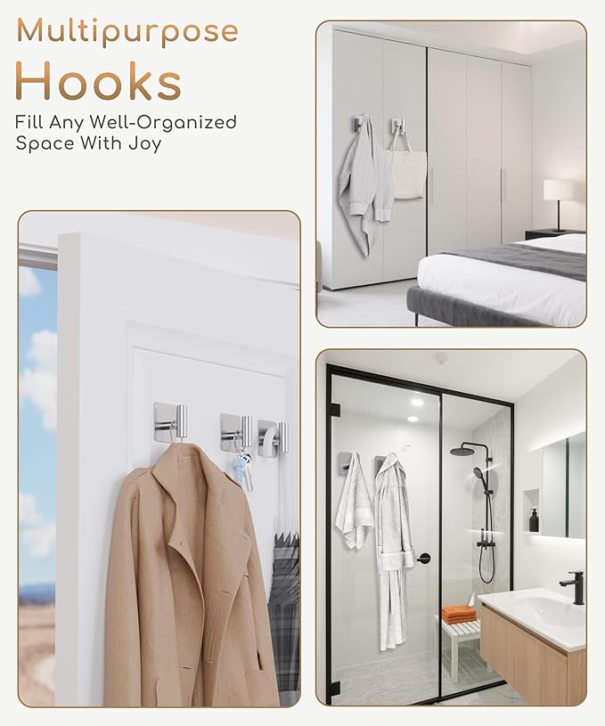 4 Pack Large Heavy Duty Wall Hooks - 26lb Max, Stainless Steel Adhesive Towel Hook, Shower Hooks for Hanging Towel, Coat, Robe, Wall Hook for Use in Bathroom, Kitchen and Door