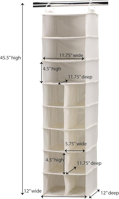 Household Essentials Hanging Shoe Organizer, Natural Canvas, Clothes Storage, 10 Pockets and 3 Shelves, Collapsible, Cream