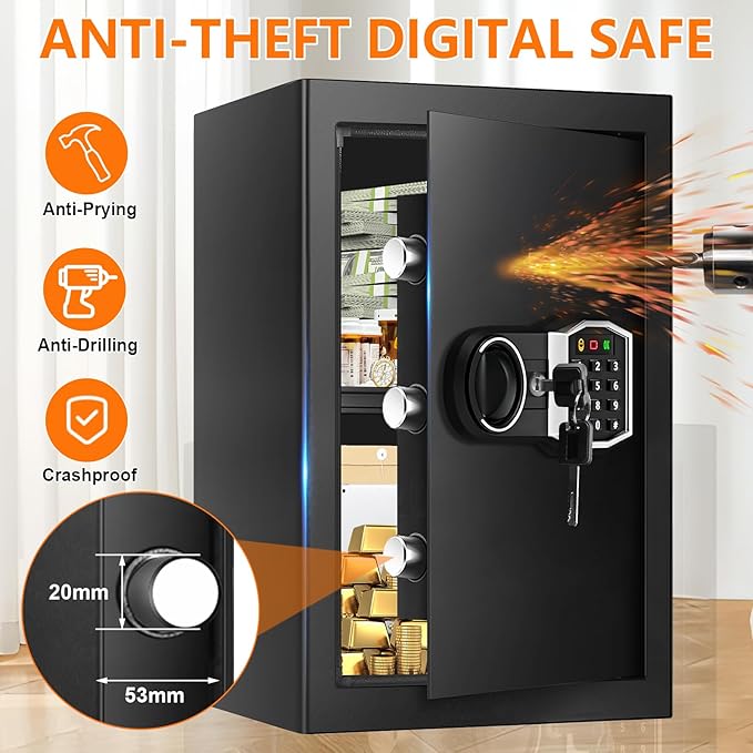 3.4 Cub Large Safes for Home, Security Fire Safe Box with Spare Keys, Alarm System, Digital Keypad and Removable Shelf, Anti-Theft Fireproof and Waterproof Safe Home for Document Medicine Valuables