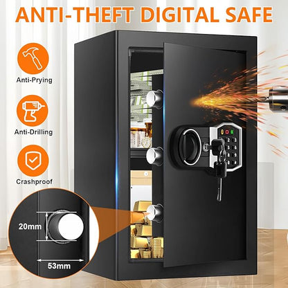 3.4 Cub Large Safes for Home, Security Fire Safe Box with Spare Keys, Alarm System, Digital Keypad and Removable Shelf, Anti-Theft Fireproof and Waterproof Safe Home for Document Medicine Valuables