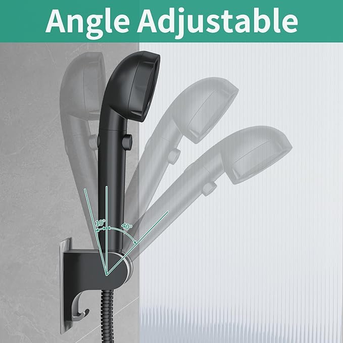 Hand Held Shower Head Holder Wall Mount, Shower Hose Holder Adhesive with 2 Hanger Hooks, Adjustable Shower Handle Holder, No Drilling Shower Wand Holder (Black, 1 Pack)