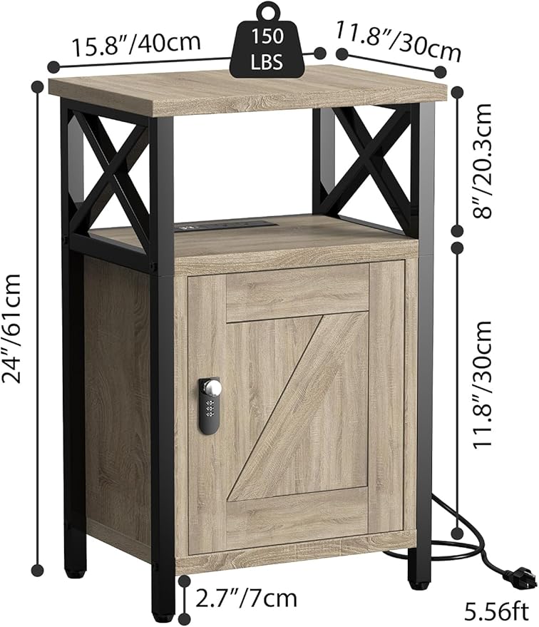 Wooden Nightstand with Lock, Bed Side Table with Drawers, Bedside Table with Charging Station, 3 USB & 2 Outlets, Night Stand with Cabinet, End Tables for Bedroom, Greige