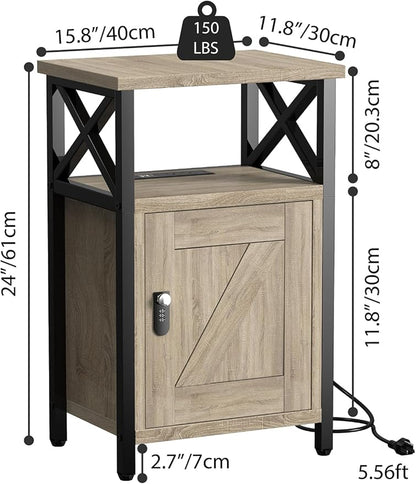 Wooden Nightstand with Lock, Bed Side Table with Drawers, Bedside Table with Charging Station, 3 USB & 2 Outlets, Night Stand with Cabinet, End Tables for Bedroom, Greige