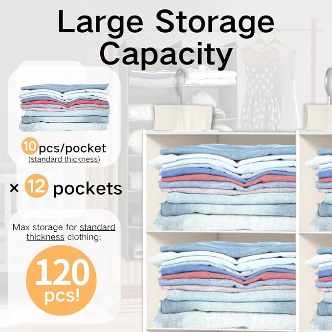 Space-Saving Hanging Closet Storage Organizer – Dual-Row Foldable Shelves with 3 Hooks, 6-Tier Wardrobe Organizer for Dorm, Bedroom, Closet (White)