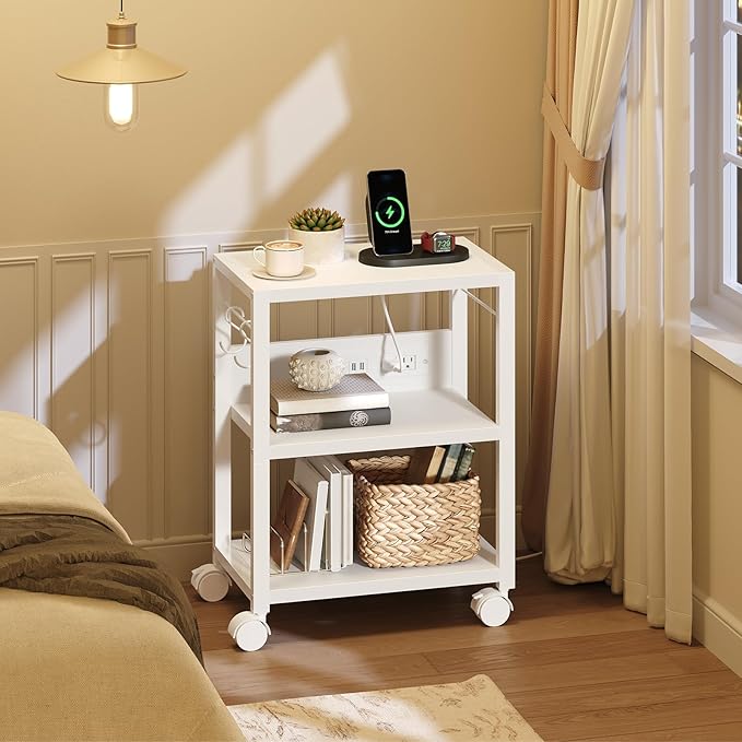 Industrial Printer Cart, 3-Tier Mobile Printer Stand, Rolling Cart with 2 AC Outlets and 2 USB Ports, Home Printer Stand with 2 Hooks, for Office, Living Room, White PTWT40E01