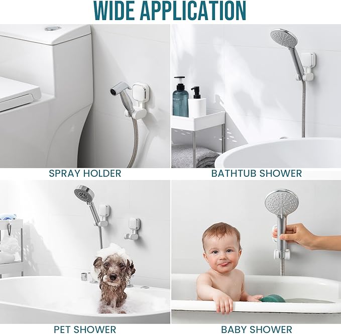 TAILI Shower Head Holder Suction, Handheld Shower Head Bracket, Height Angle Adjustable Wall Mounted, Bathroom Showerhead Holder Removable No Drilling Waterproof, Square Suction Cup, White