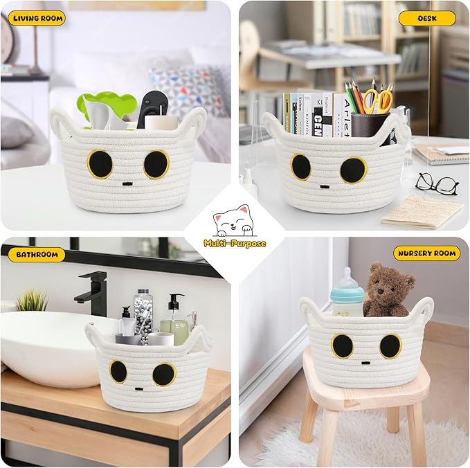 Small Storage Cute White Cat Cotton Rope Woven Basket for Nursery, Blanket Basket Organizer With Ears Toy Storage Bin Box 8.5×4.5 inches
