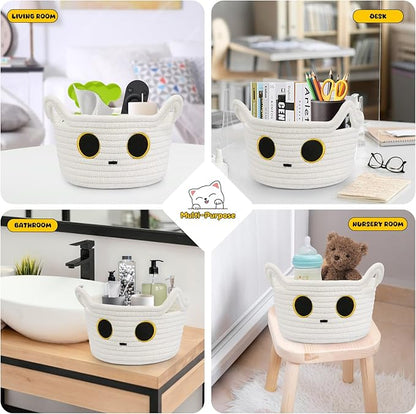 Small Storage Cute White Cat Cotton Rope Woven Basket for Nursery, Blanket Basket Organizer With Ears Toy Storage Bin Box 8.5×4.5 inches