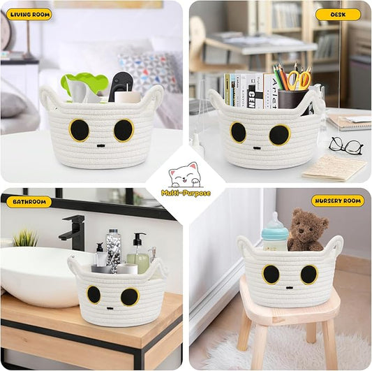Small Storage Cute White Cat Cotton Rope Woven Basket for Nursery, Blanket Basket Organizer With Ears Toy Storage Bin Box 8.5×4.5 inches