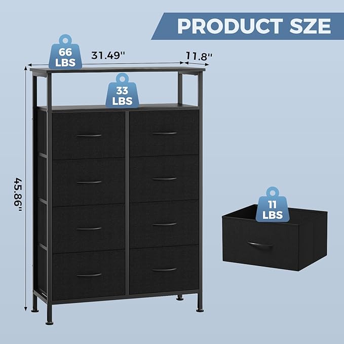 DUMOS TV Stands for Living Room with 8 Drawers, Tall 8-Drawer Chest of Drawers with Raised Shelf, Storage Tower with Fabric Bins for Organization, Hallway Storage, Black