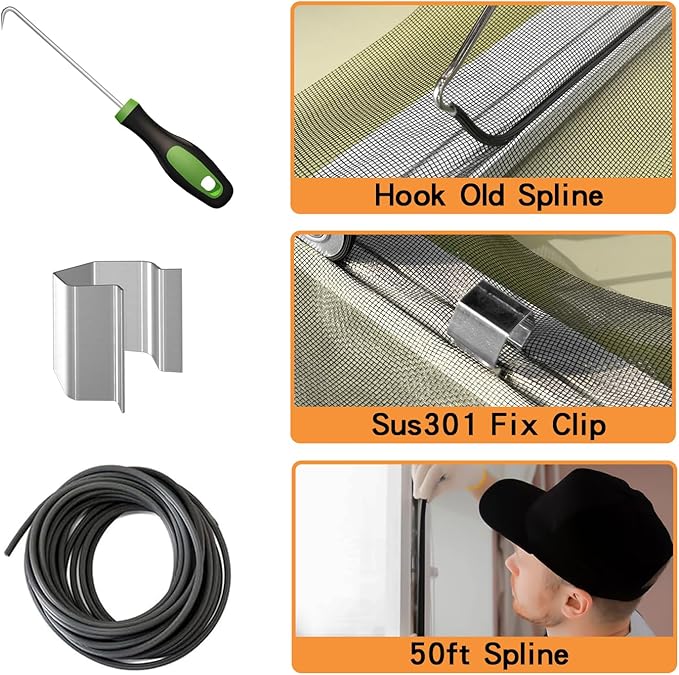 King&Charles Window Screen Door Repair/Replacement Kit, Include Gray Screen Mesh 48"x118"+ 2 Roller+50Ft Spline+8Clips+Hook, 6 in 1 Window Mesh Kit, Steel/Nylon Bearing Roller