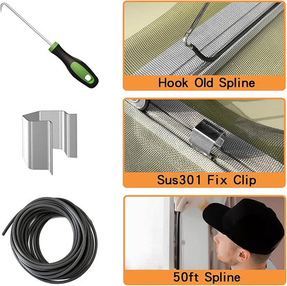 King&Charles Window Screen Door Repair/Replacement Kit, Include Gray Screen Mesh 48"x118"+ 2 Roller+50Ft Spline+8Clips+Hook, 6 in 1 Window Mesh Kit, Steel/Nylon Bearing Roller