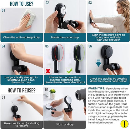 TAILI Shower Head Holder Suction Cup, Adjustable Height & Angle, Wall Mounted, Waterproof, Black, Plastic, Round, Bathroom & Shower Fixture
