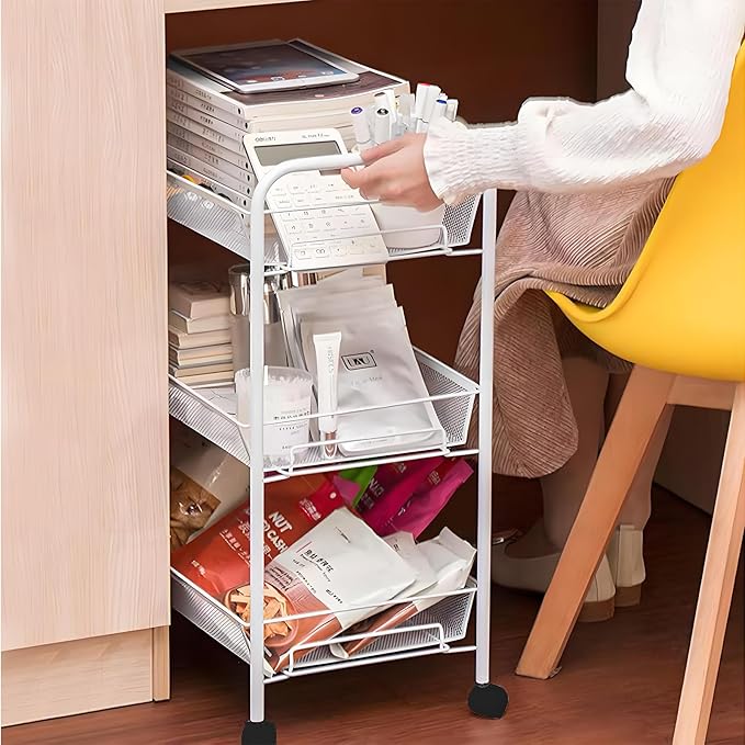 White Rolling Cart 3-Tier, Mobile Snack Cart for Living Room & Kitchen - Holds Beverages, Fruit, Books, with 360° Wheels & Hooks