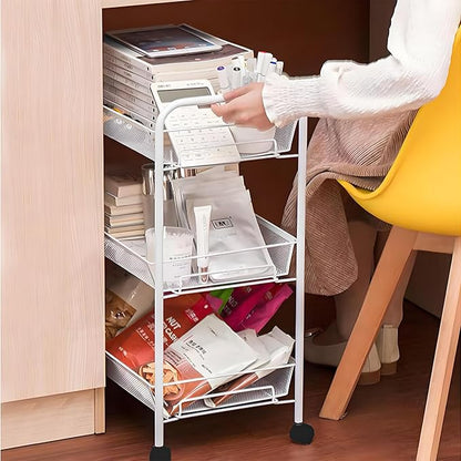 White Rolling Cart 3-Tier, Mobile Snack Cart for Living Room & Kitchen - Holds Beverages, Fruit, Books, with 360° Wheels & Hooks