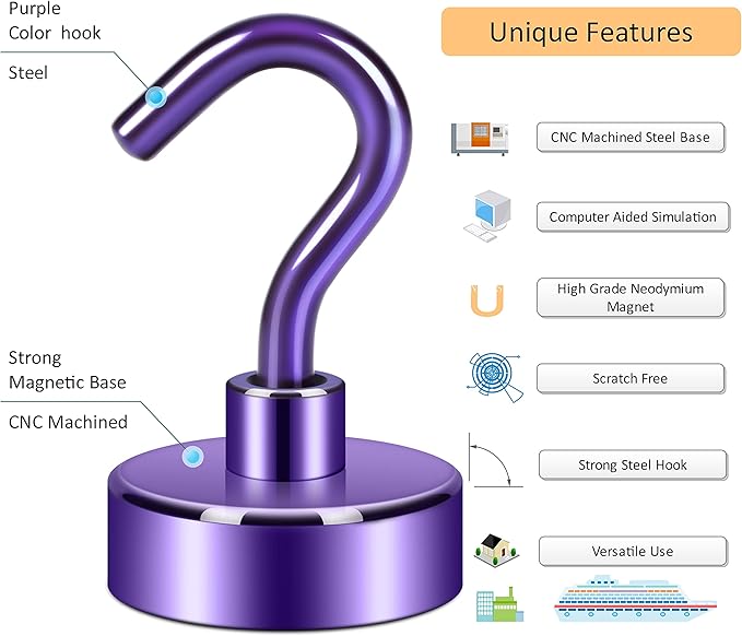 Neosmuk Magnetic Hooks, Heavy Duty 40lb+ Strong Magnet Hook for Cruise Cabins, Cruise Ship Essentials for Hanging, Metal Wall Refrigerator Hangers (Purple, 10 Pack)